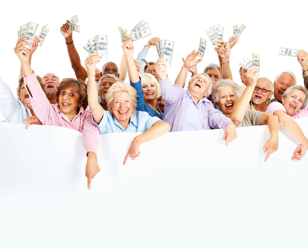 Group of happy senior people holding money